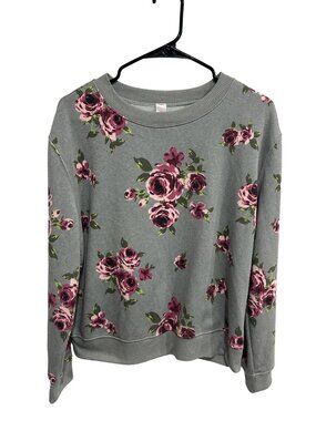 No Boundaries Womens Grey Floral Pullover Sweatshirt Size M SoftGirl Cozycore